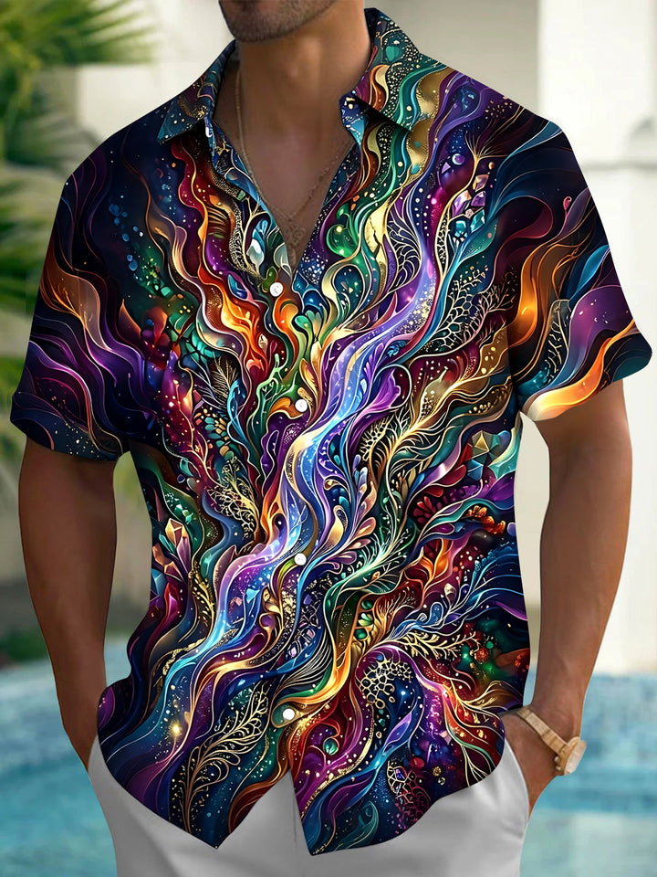Oceanlyte Men's Colorful Swirling Fluid Art Print Short Sleeve Shirt with Chest Pocket