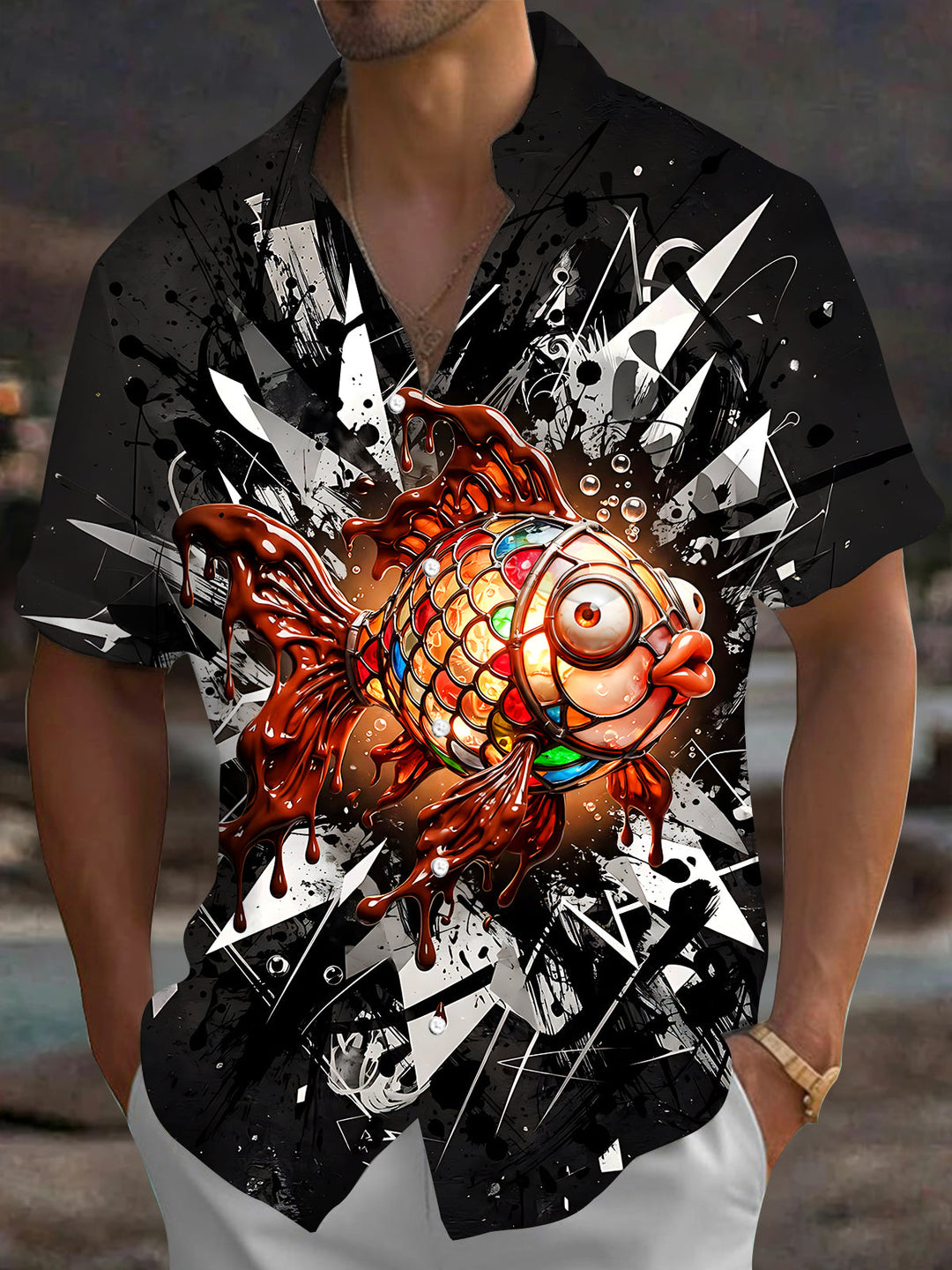 Oceanlyte Men's Graphic Stained Glass Goldfish Print Short Sleeve Shirt with Chest Pocket