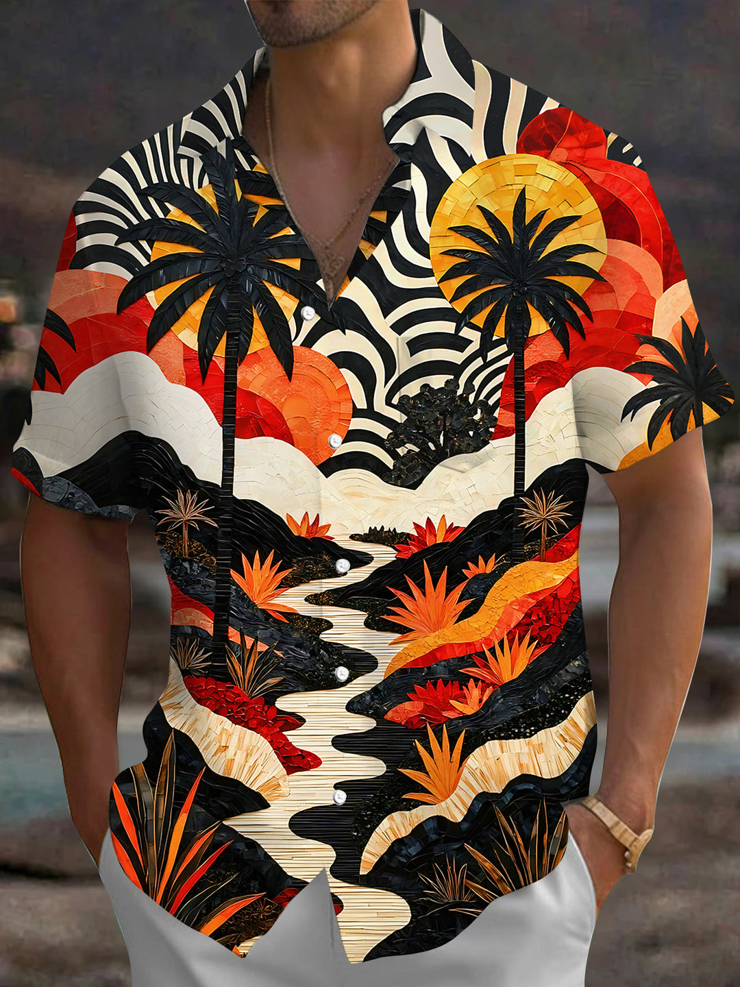 Oceanlyte Men's Palm Tree Sunset Landscape Print Short Sleeve Shirt with Chest Pocket