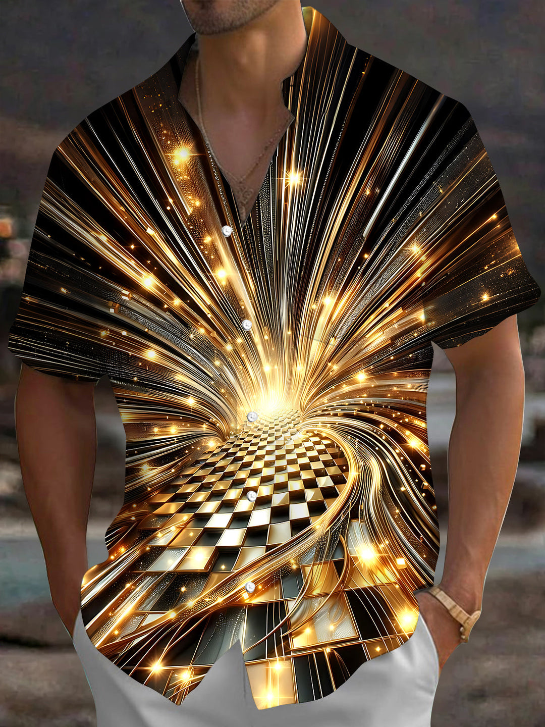Oceanlyte Men's Patterned Golden Light Rays Print Short Sleeve Shirt with Chest Pocket