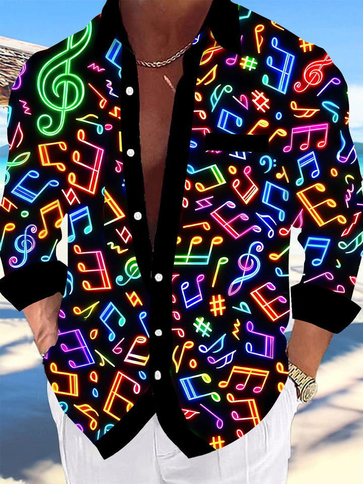 Oceanlyte Men's Graphic Neon Musical Notes Print Long Sleeve Shirt with Chest Pocket