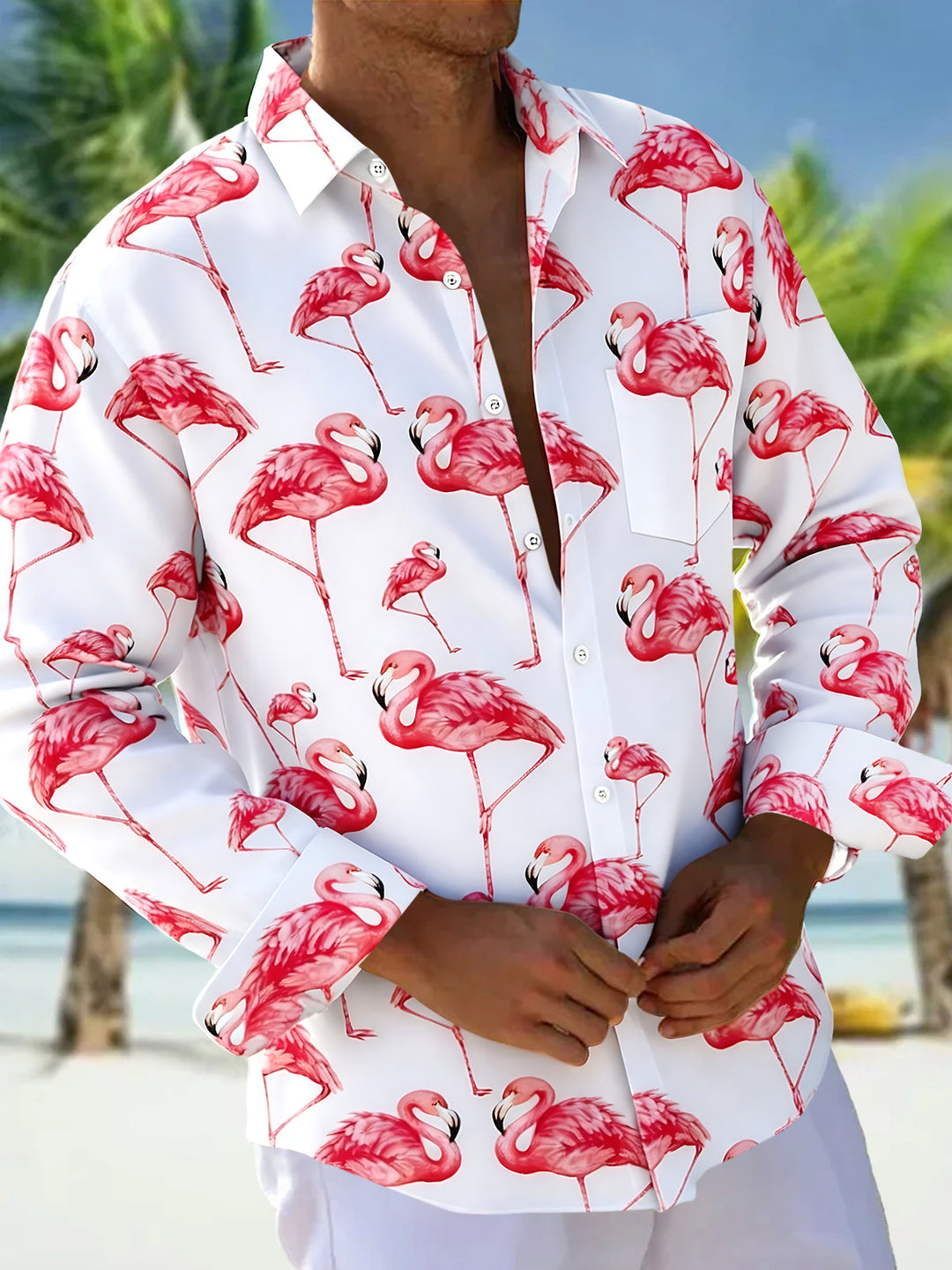 Oceanlyte Men's Hawaiian Flamingo Print Long Sleeve Shirt with Chest Pocket