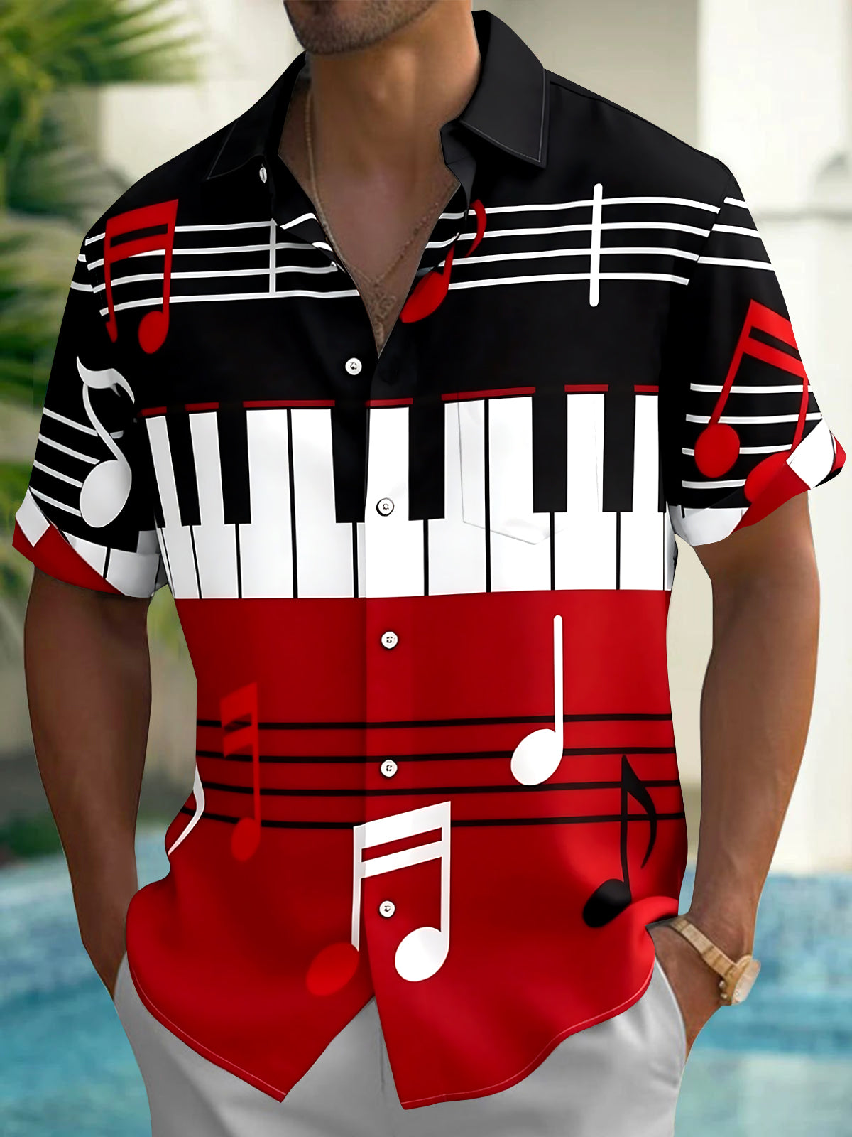 Oceanlyte Men's Graphic Piano Keyboard Print Short Sleeve Shirt with Chest Pocket