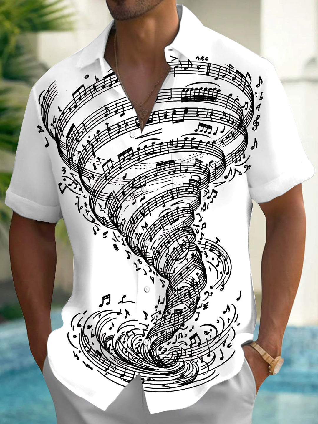 Oceanlyte Men's Graphic Musical Notes Tornado Print Short Sleeve Shirt with Chest Pocket