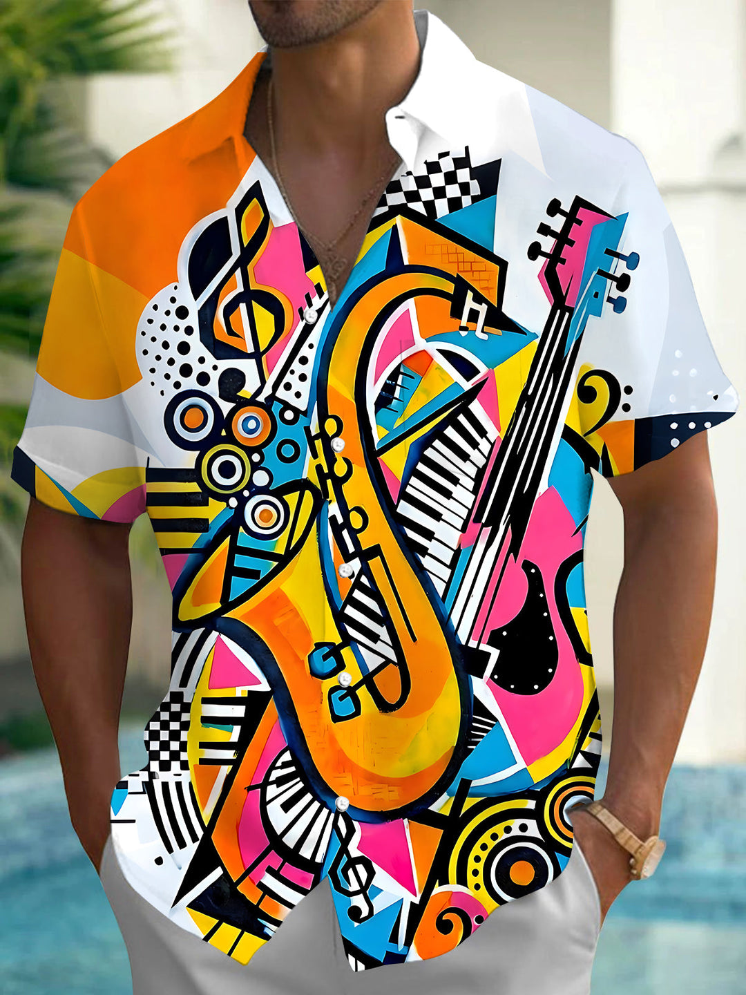 Oceanlyte Men's Musical Instruments Collage Print Short Sleeve Shirt with Chest Pocket