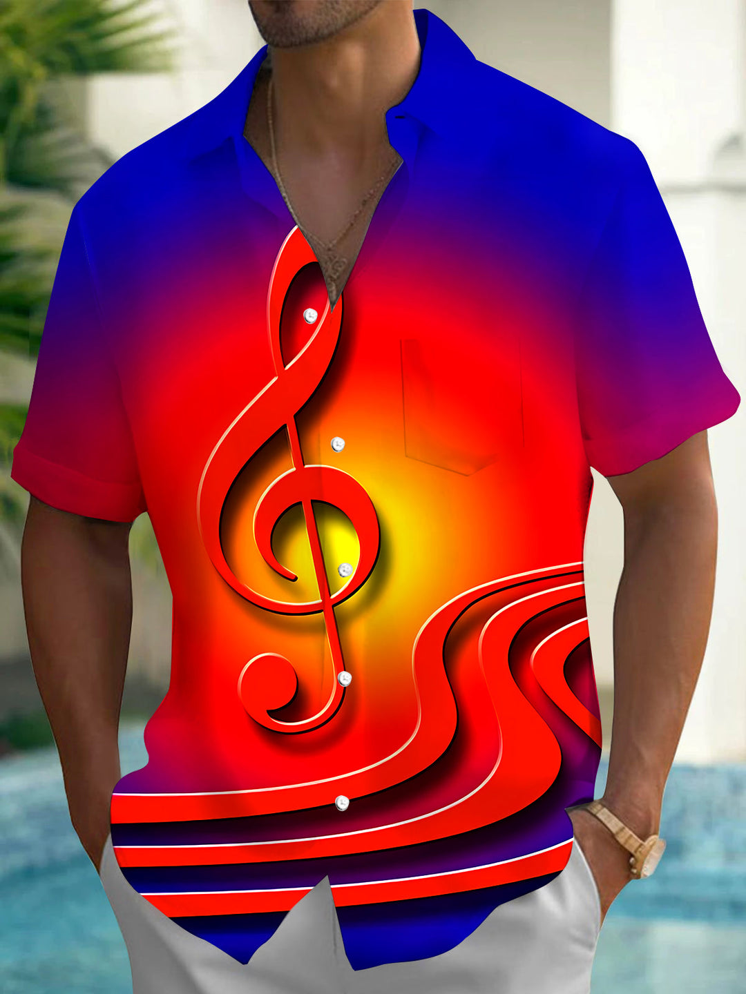 Oceanlyte Men's Graphic Musical Note Print Short Sleeve Shirt with Chest Pocket