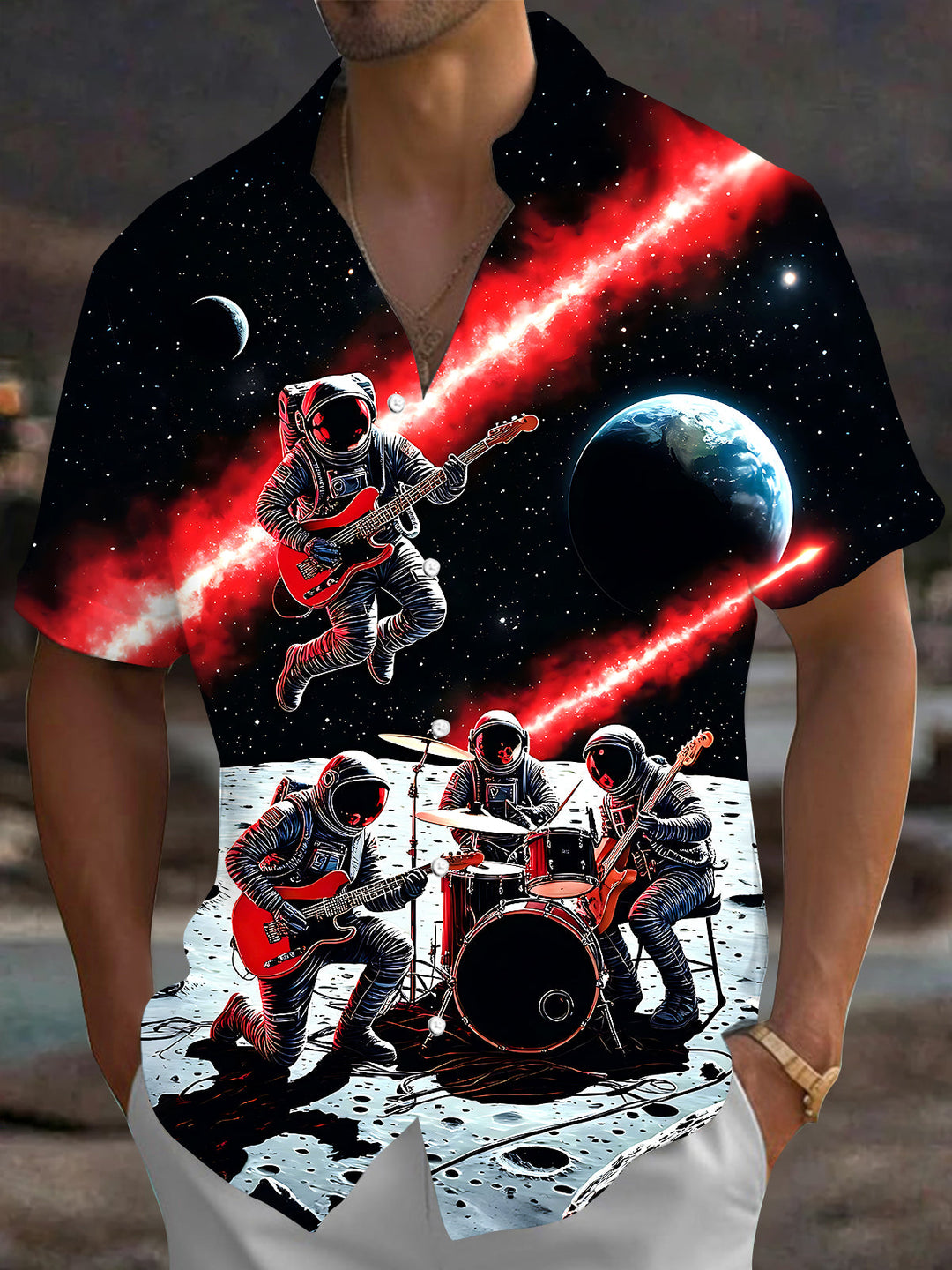 Oceanlyte Men's Graphic Astronaut Band Print Short Sleeve Shirt with Chest Pocket