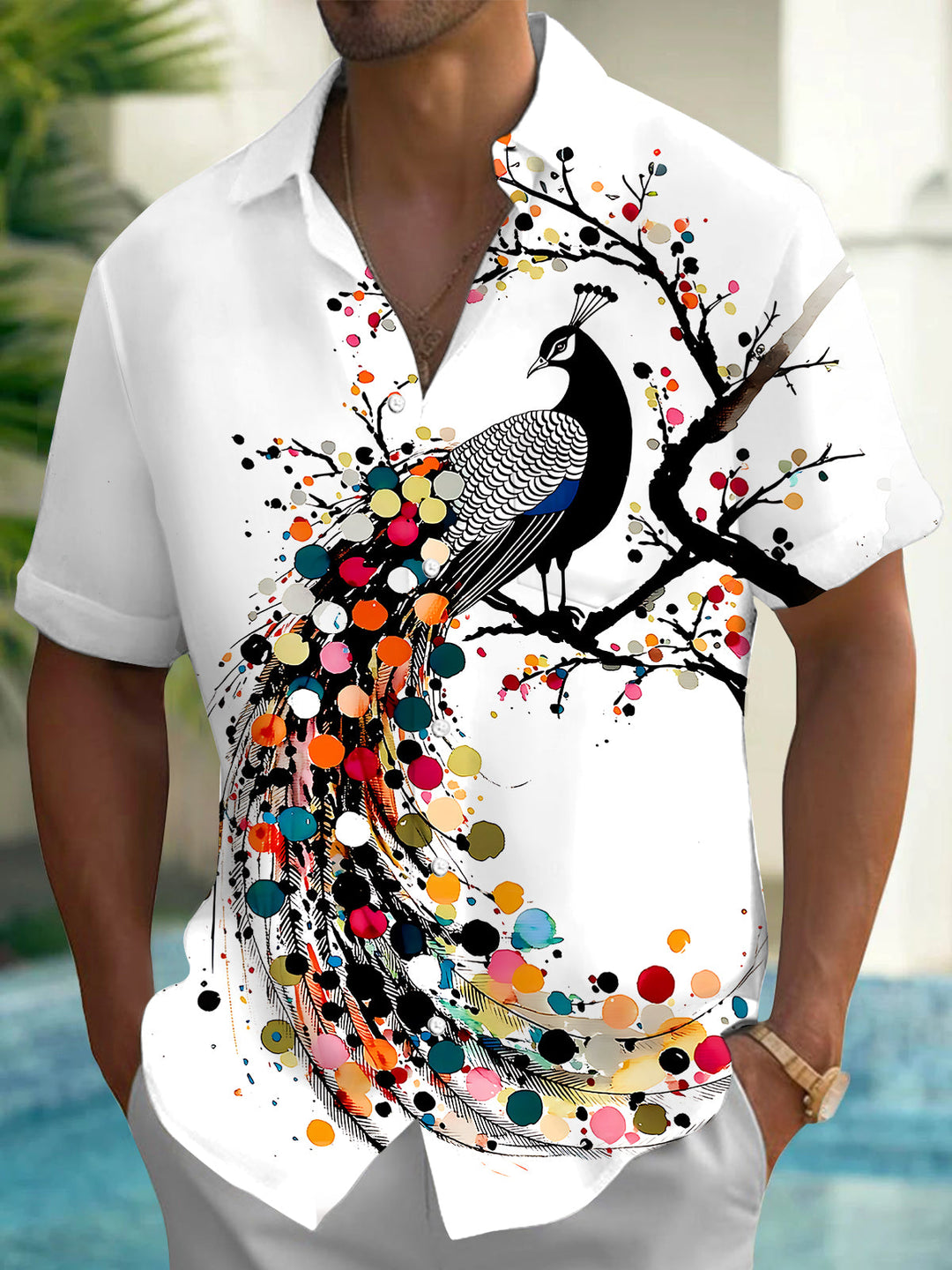 Oceanlyte Men's Printed Colorful Peacock Print Short Sleeve Shirt with Chest Pocket