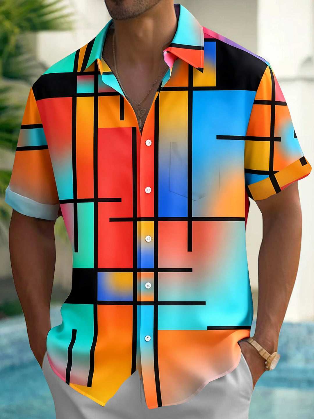 Oceanlyte Men's Colorful Geometric Grid Print Short Sleeve Shirt with Chest Pocket