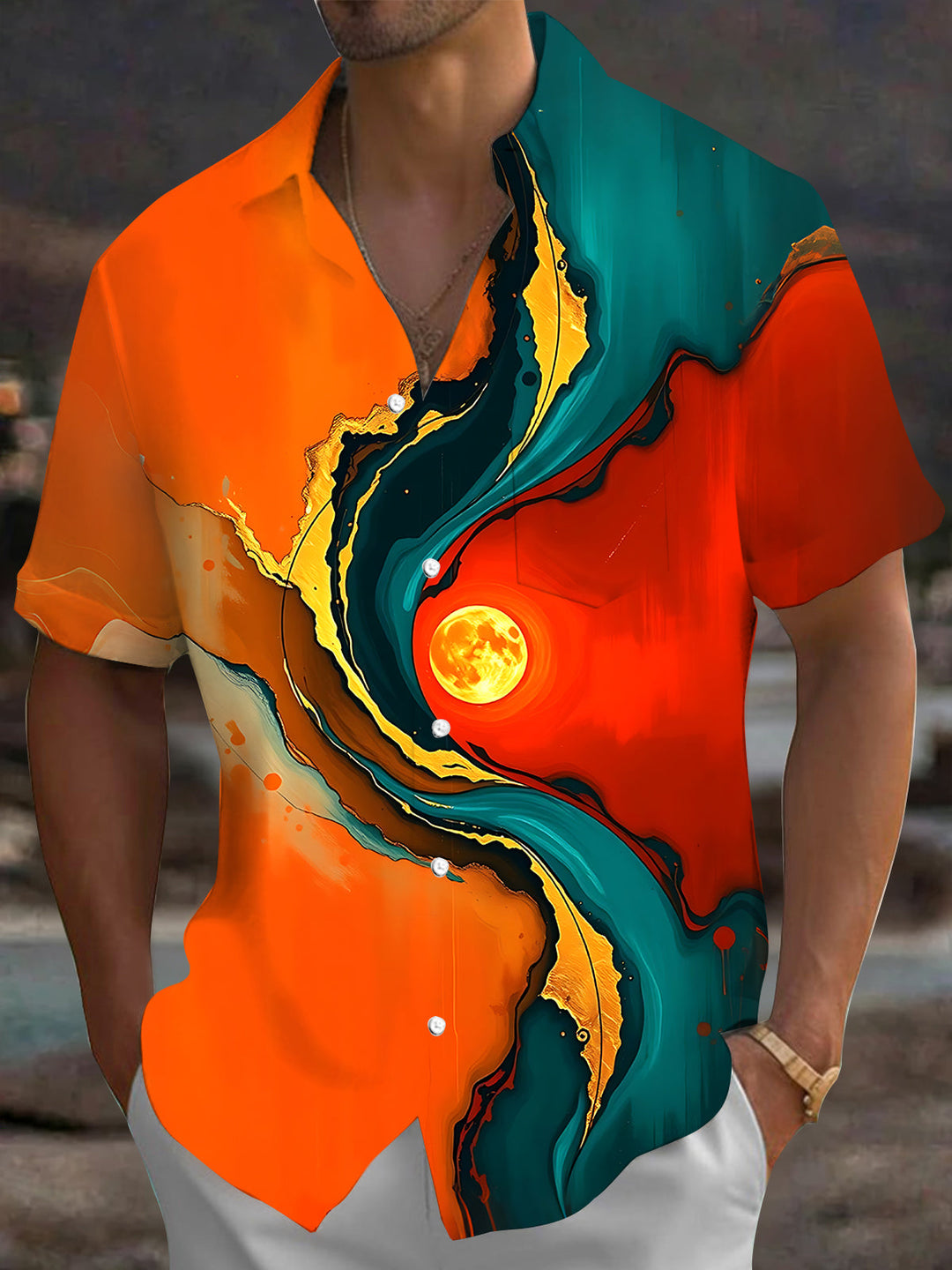 Oceanlyte Men's Printed Abstract Fluid Art Print Short Sleeve Shirt with Chest Pocket