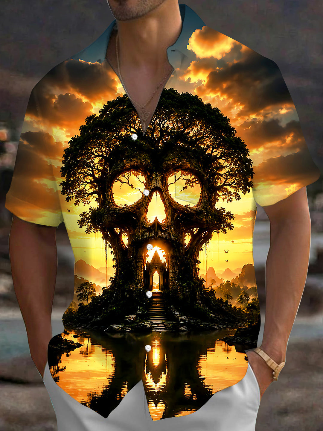 Oceanlyte Men's Graphic Skull Tree Silhouette Print Short Sleeve Shirt with Chest Pocket