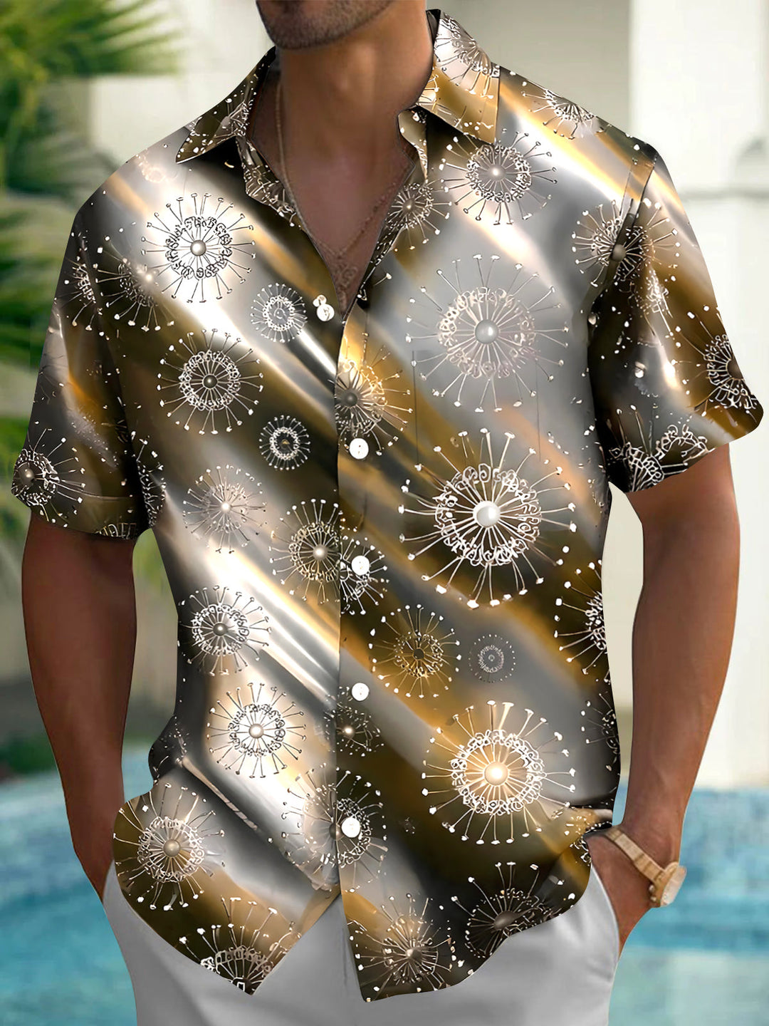 Oceanlyte Men's Printed Dandelion Seed Head Print Short Sleeve Shirt with Chest Pocket