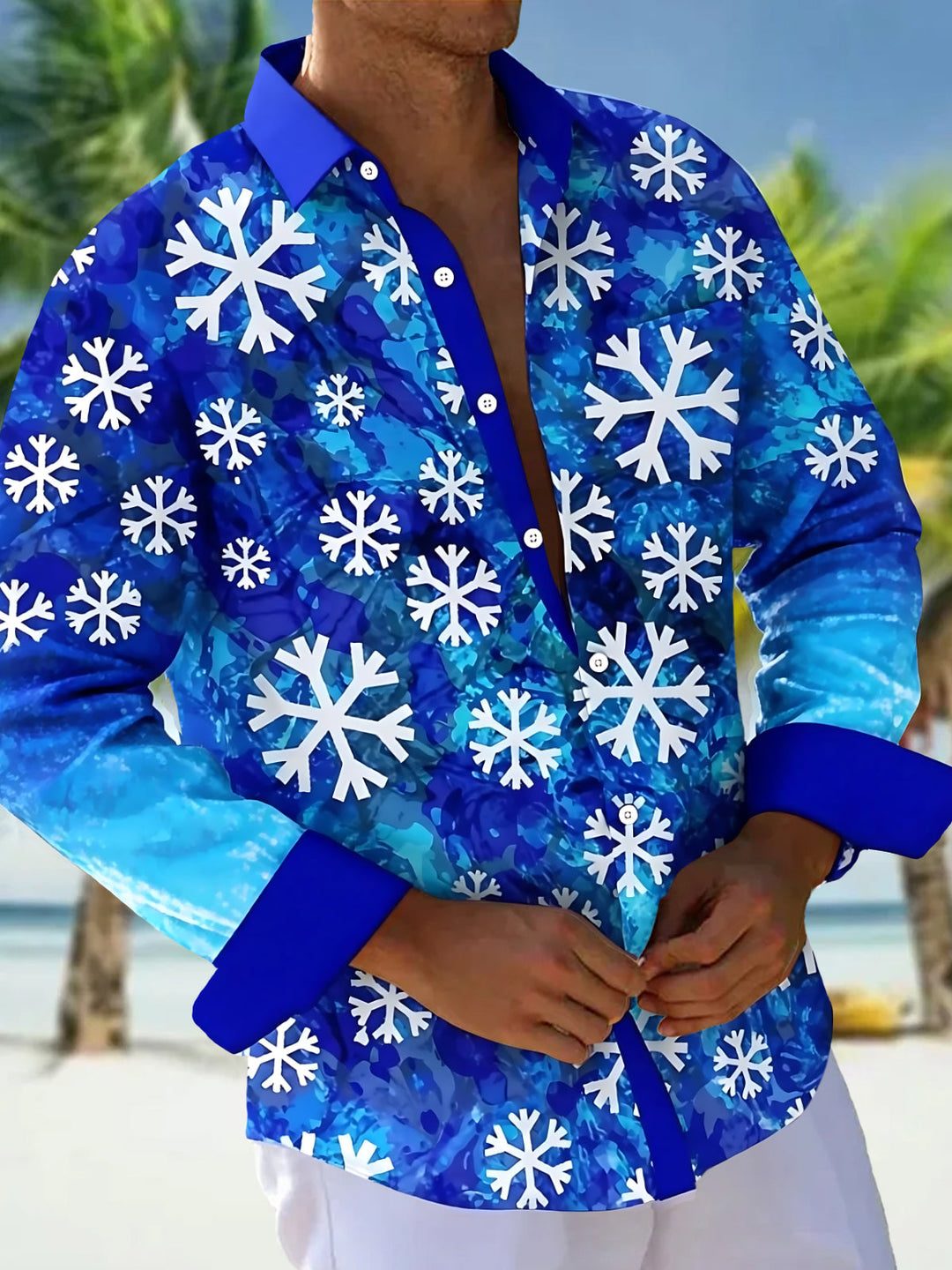 Oceanlyte Men's Hawaiian Snowflake Pattern Long Sleeve Shirt with Chest Pocket
