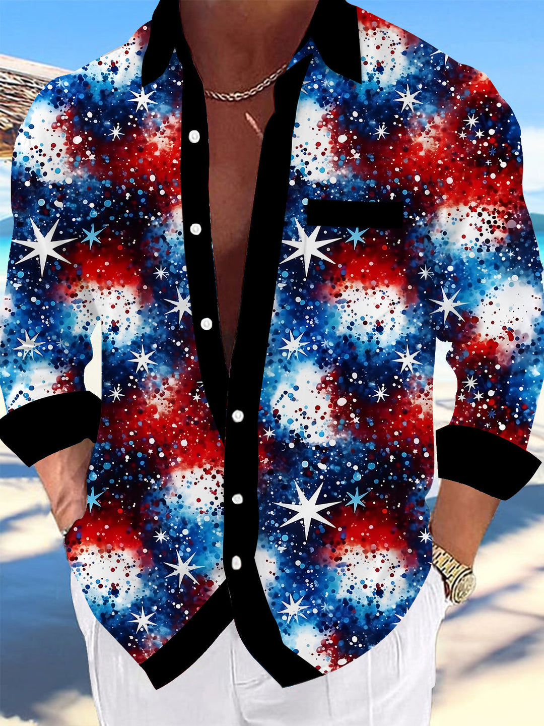 Oceanlyte Men's Hawaiian Patriotic Starburst Print Long Sleeve Shirt with Chest Pocket