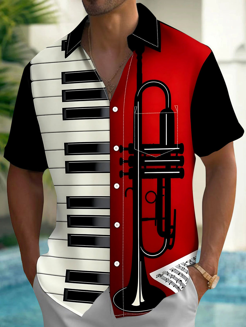 Oceanlyte Men's Graphic Piano Keyboard Print Short Sleeve Shirt with Chest Pocket