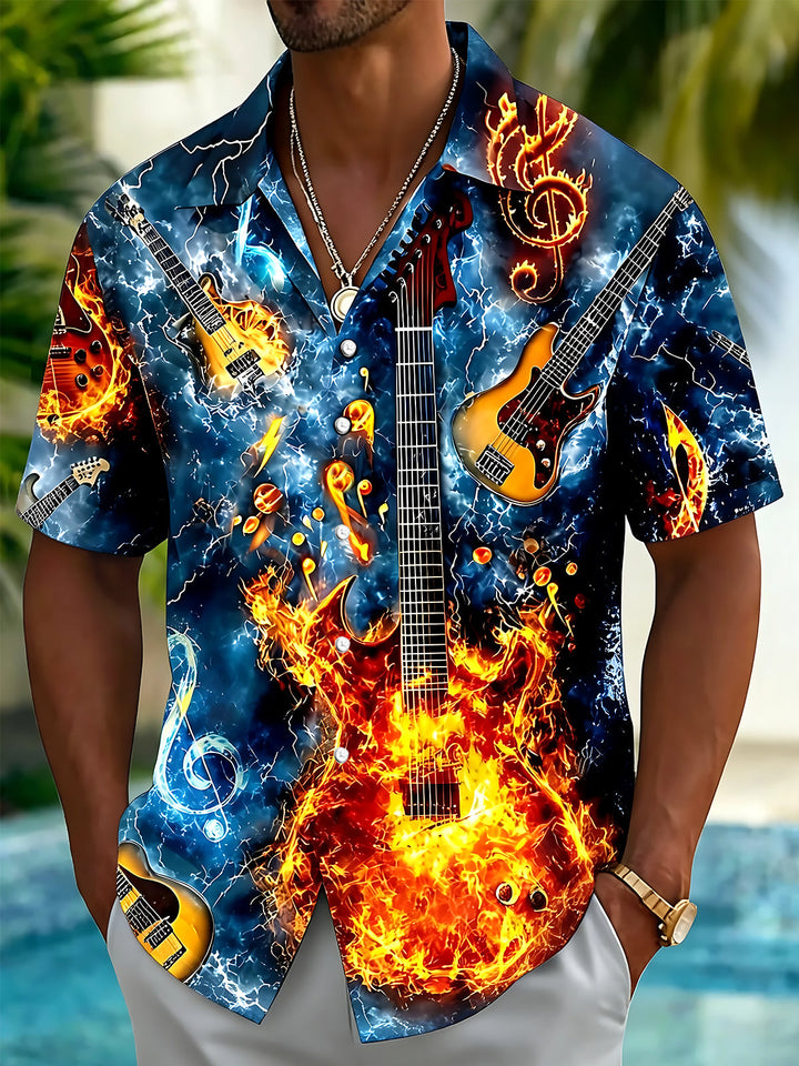 Oceanlyte Men's Hawaiian Electric Guitar Fire Print Short Sleeve Shirt with Chest Pocket