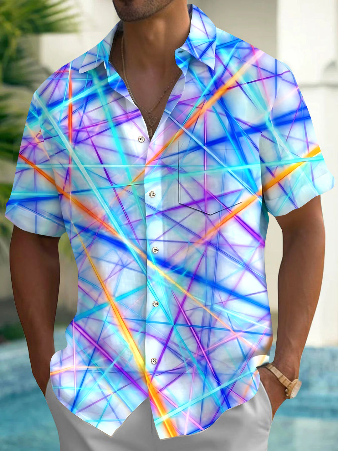 Oceanlyte Men's Colorful Geometric Lines Print Short Sleeve Shirt with Chest Pocket