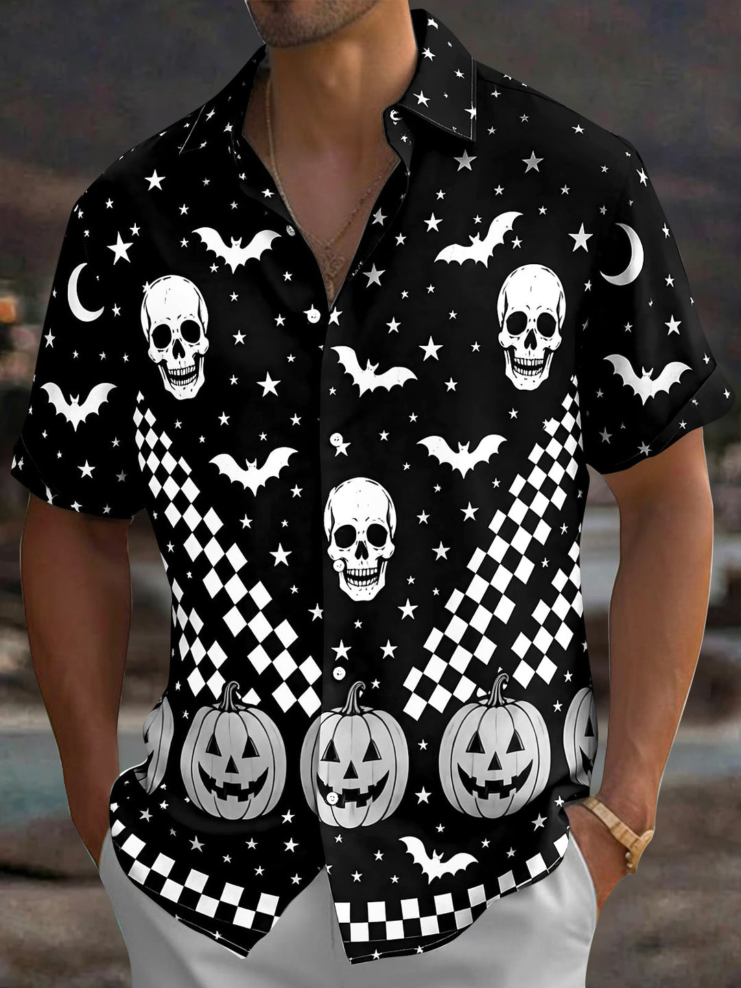 Oceanlyte Men's Graphic Halloween Skulls Print Short Sleeve Shirt with Chest Pocket