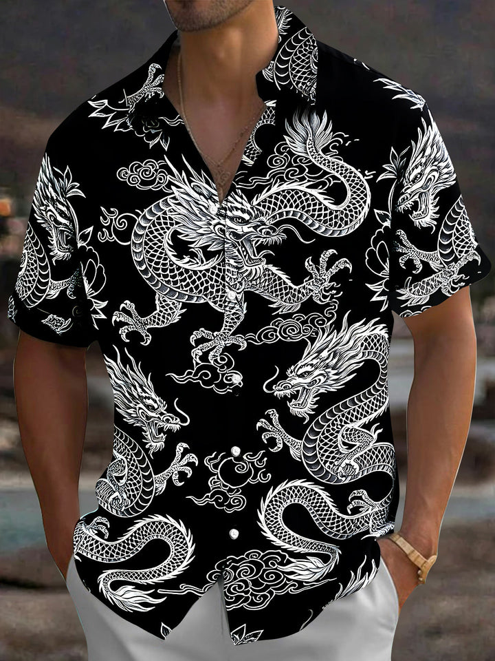 Oceanlyte Men's Hawaiian Chinese Dragon Print Short Sleeve Shirt with Chest Pocket