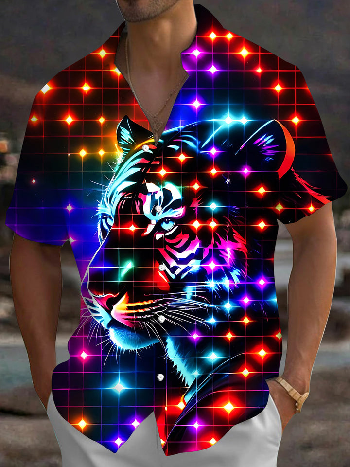 Oceanlyte Men's Graphic Neon Grid Tiger Print Short Sleeve Shirt with Chest Pocket