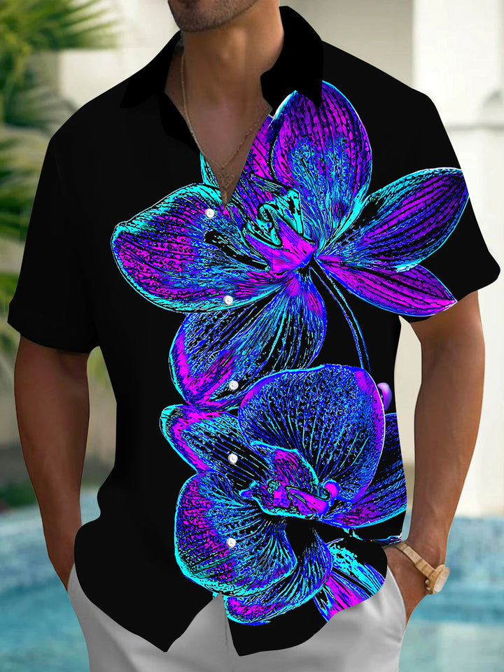 Oceanlyte Men's Hawaiian Neon Orchid Flowers Print Short Sleeve Shirt with Chest Pocket