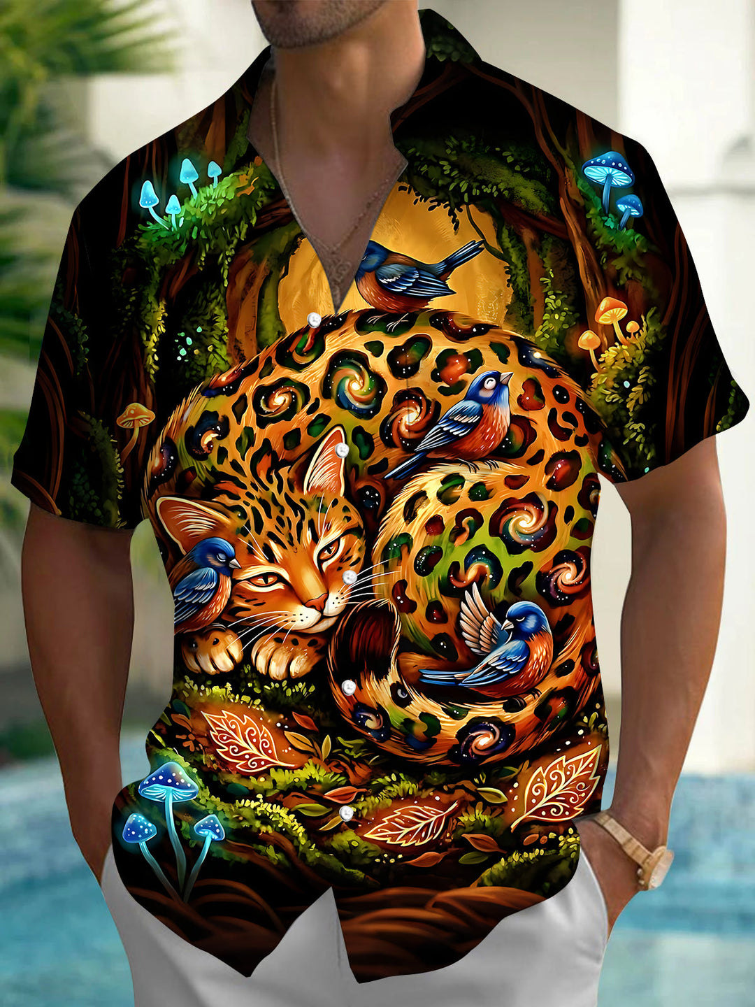 Oceanlyte Men's Hawaiian Forest Leopard Cat Print Short Sleeve Shirt with Chest Pocket