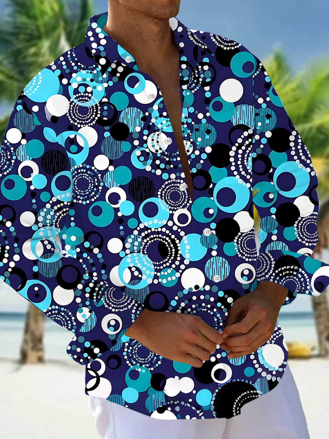 Oceanlyte Men's Patterned Geometric Circles Pattern Long Sleeve Shirt with Chest Pocket