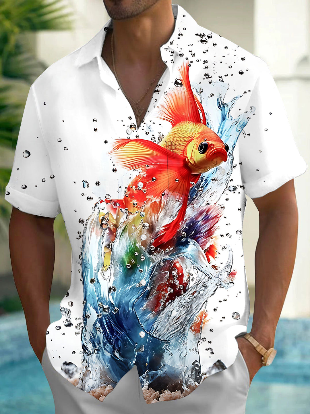 Oceanlyte Men's Hawaiian Goldfish Splash Print Short Sleeve Shirt with Chest Pocket