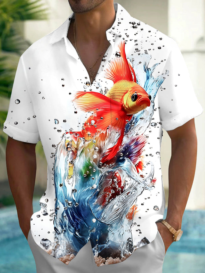 Oceanlyte Men's Hawaiian Goldfish Splash Print Short Sleeve Shirt with Chest Pocket