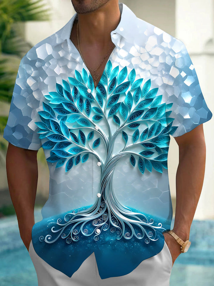 Oceanlyte Men's 3D 3D Quilled Tree Print Short Sleeve Shirt with Chest Pocket