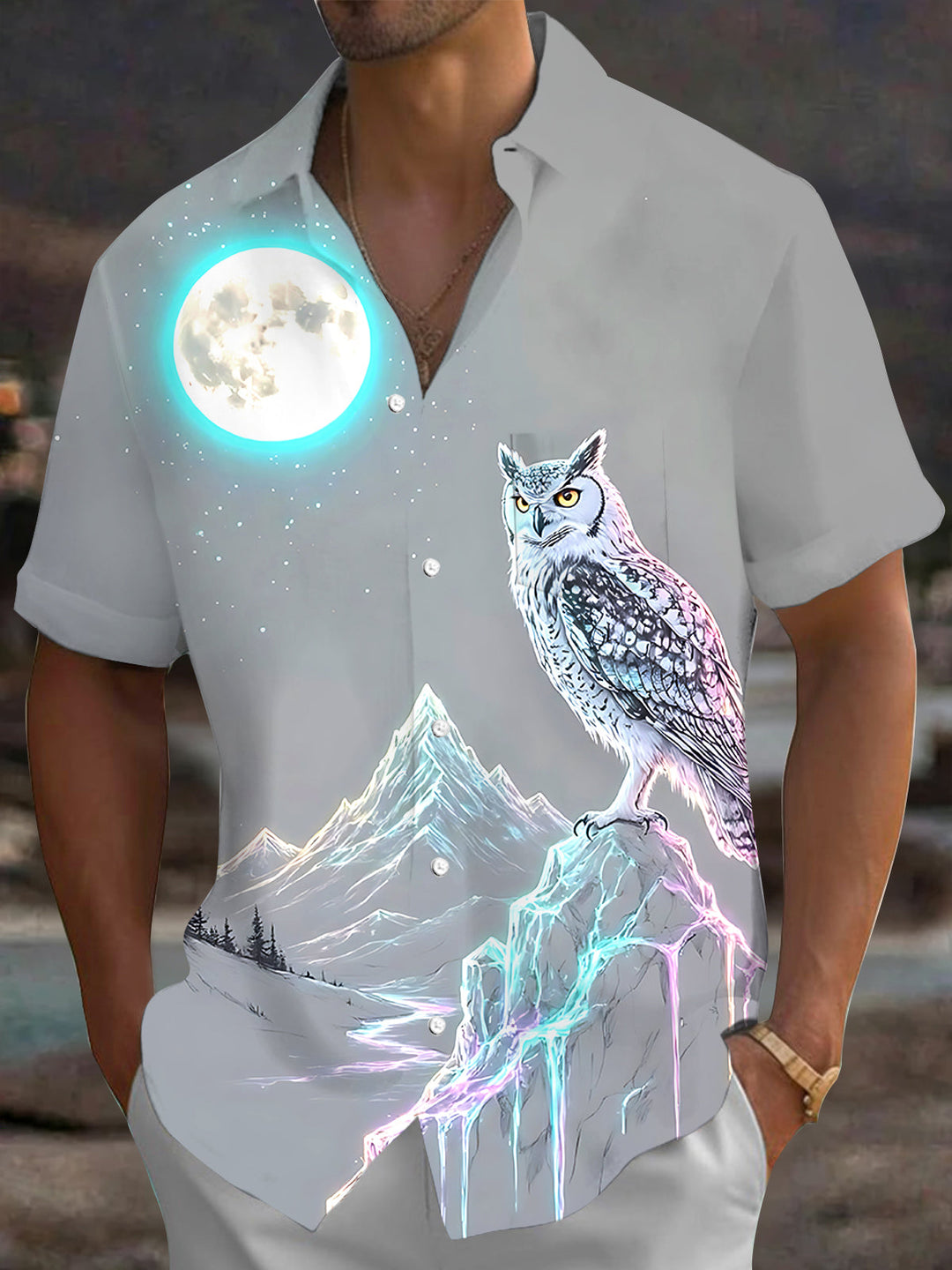 Oceanlyte Men's Printed Owl Moon Mountain Print Short Sleeve Shirt with Chest Pocket