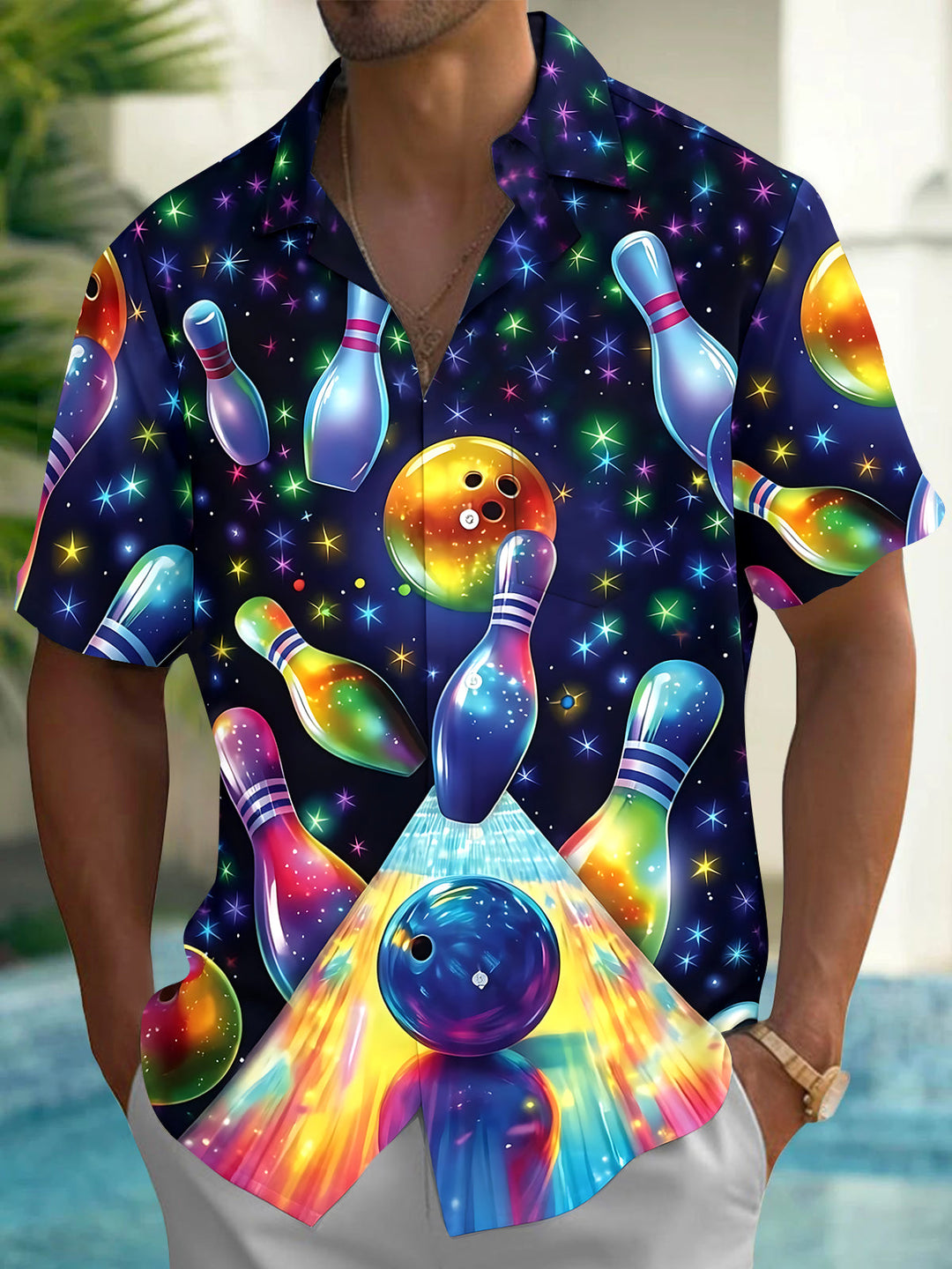 Oceanlyte Men's Hawaiian Cosmic Bowling Pins Print Short Sleeve Shirt with Chest Pocket