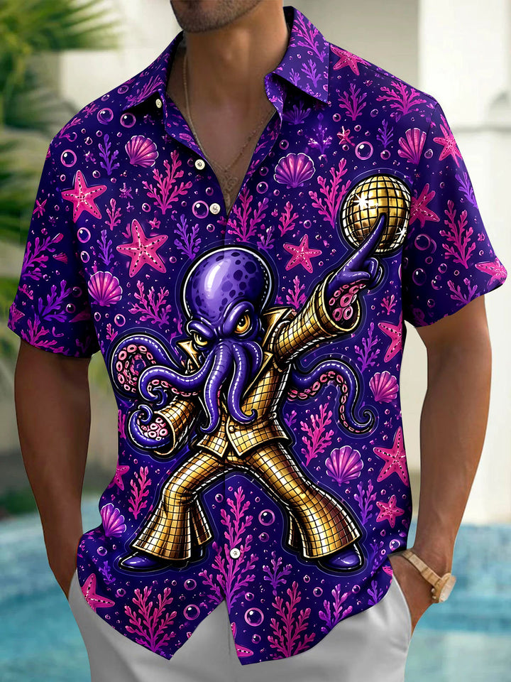 Oceanlyte Men's Hawaiian Disco Octopus Print Short Sleeve Shirt with Chest Pocket