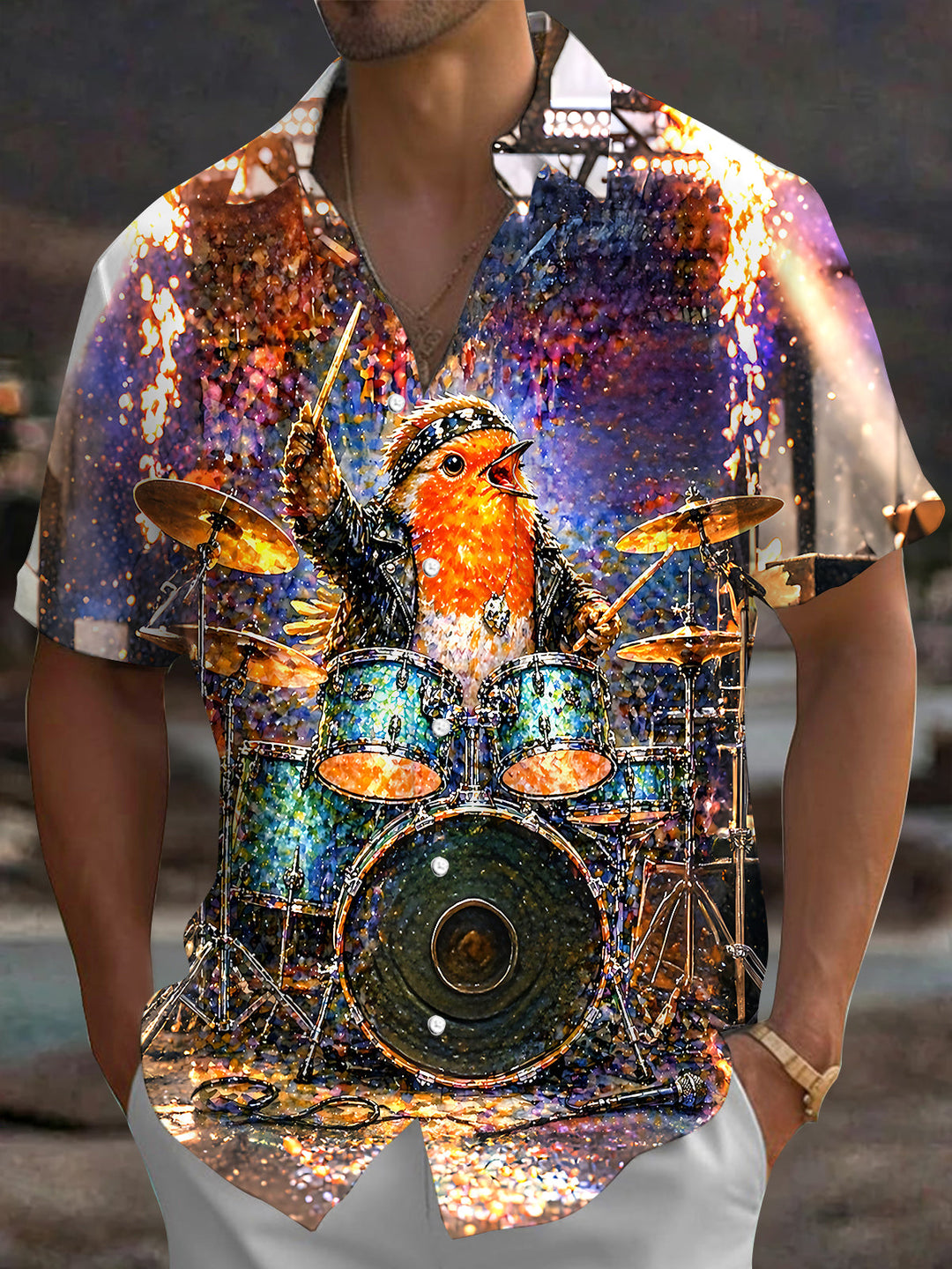 Oceanlyte Men's Graphic Bird Drummer Print Short Sleeve Shirt with Chest Pocket