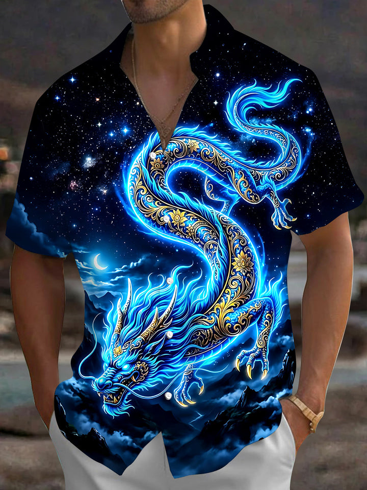 Oceanlyte Men's Graphic Blue Dragon Print Short Sleeve Shirt with Chest Pocket