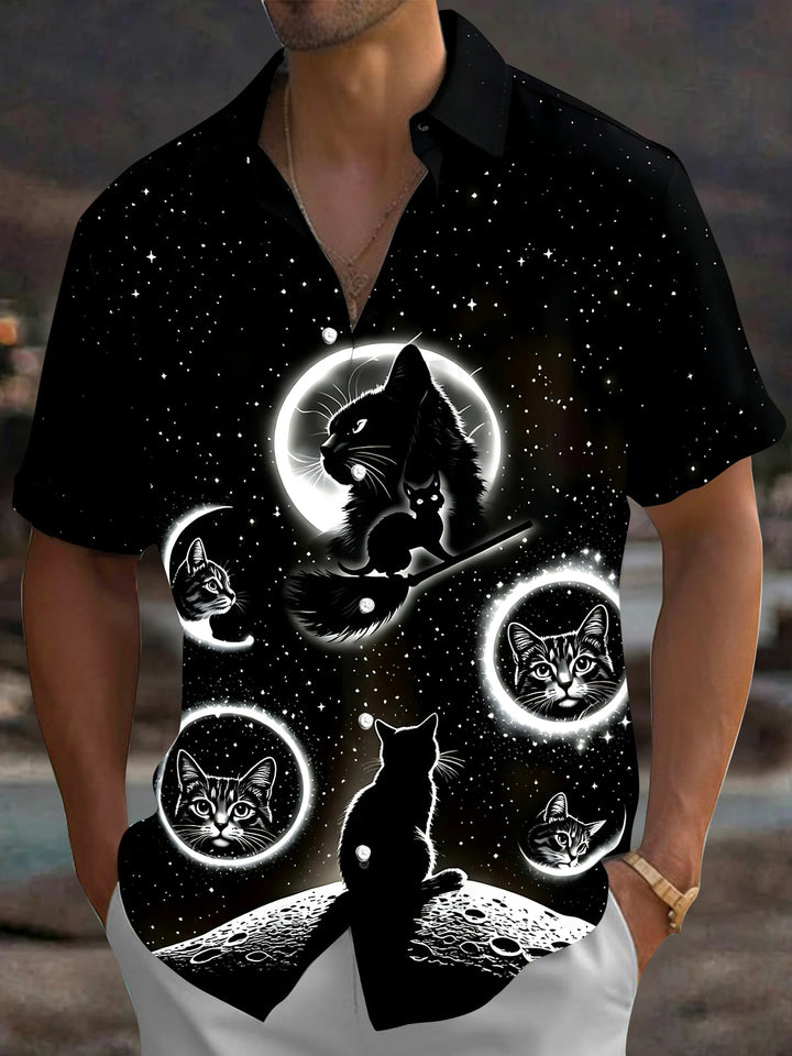 Oceanlyte Men's Graphic Black Cat Space Print Short Sleeve Shirt with Chest Pocket