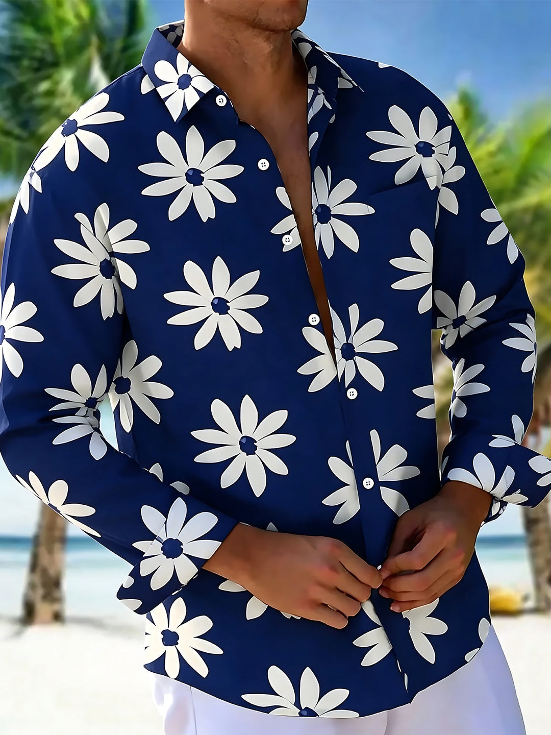 Oceanlyte Men's Floral White Daisy Flowers Print Long Sleeve Shirt with Chest Pocket