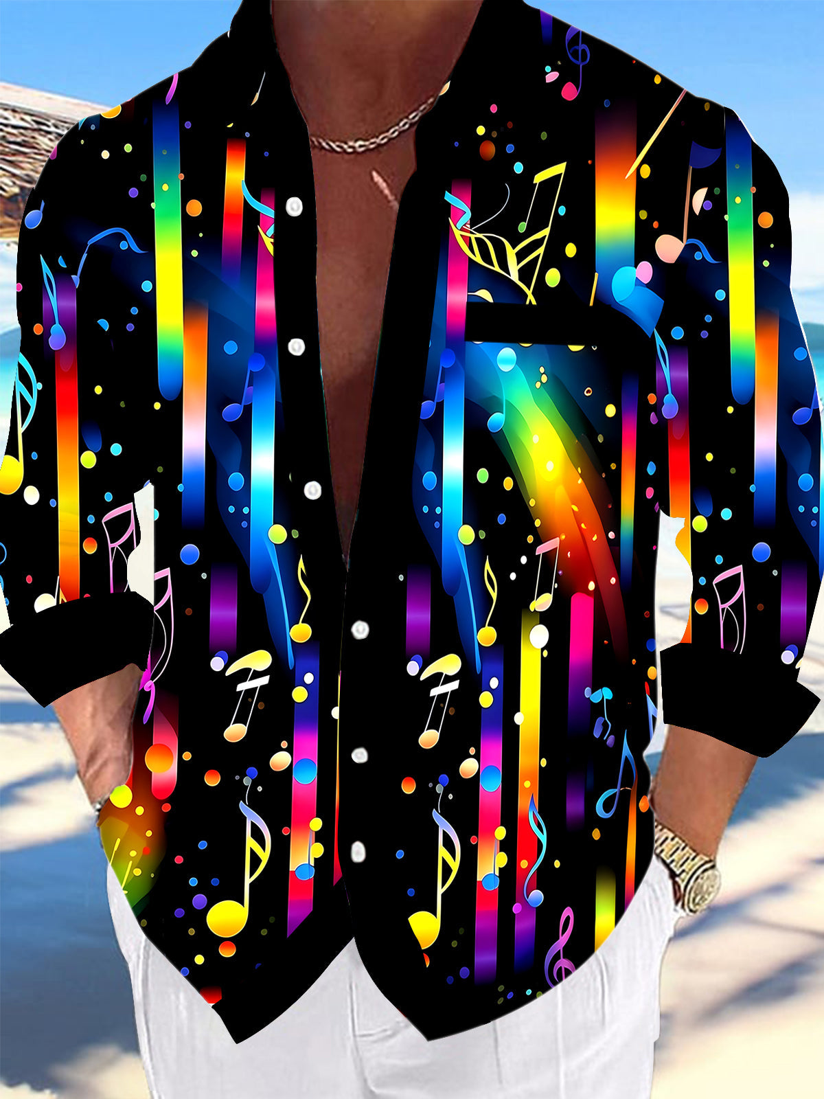 Oceanlyte Men's Printed Rainbow Musical Notes Print Long Sleeve Shirt with Chest Pocket