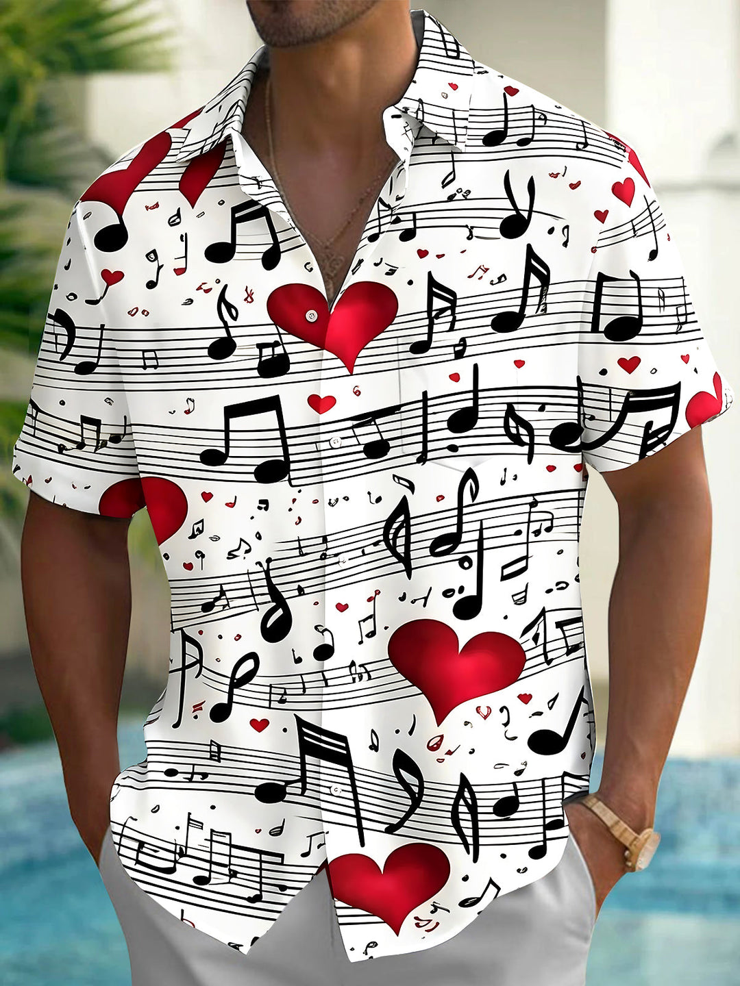 Oceanlyte Men's Printed Musical Notes Print Red Hearts Print Short Sleeve Shirt with Chest Pocket