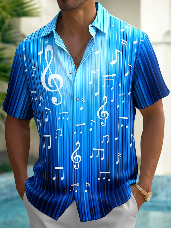 Oceanlyte Men's Striped Musical Notes Print Treble Clef Print Short Sleeve Shirt with Chest Pocket