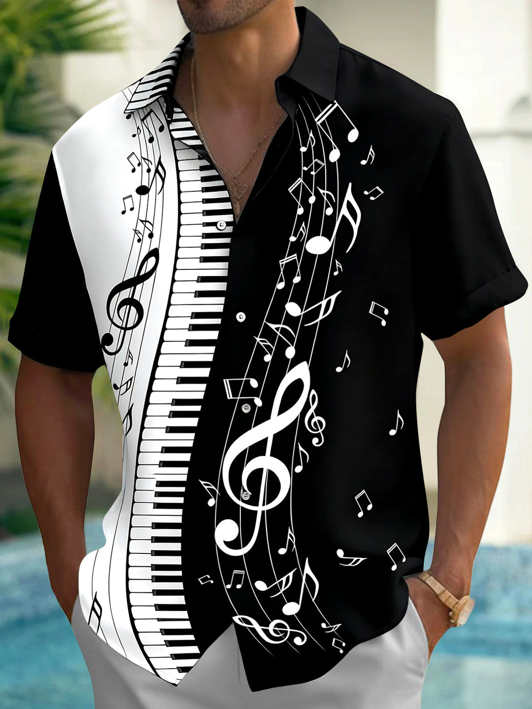 Oceanlyte Men's Graphic Piano Keyboard Print Short Sleeve Shirt with Chest Pocket