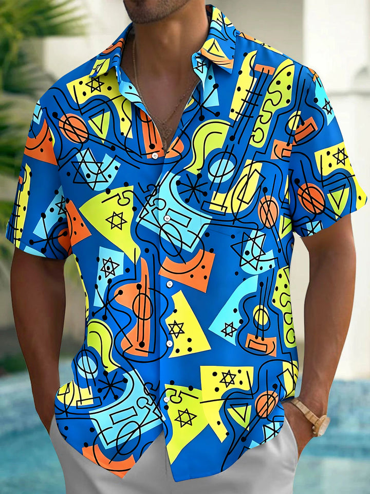 Oceanlyte Men's Graphic Abstract Geometric Guitar Print Short Sleeve Shirt with Chest Pocket