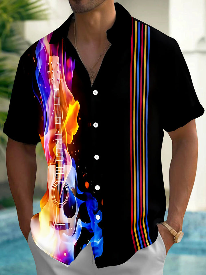 Oceanlyte Men's Graphic Colorful Guitar Flame Print Short Sleeve Shirt with Chest Pocket