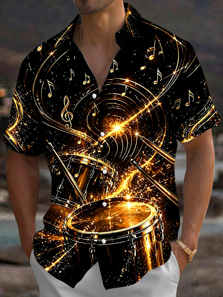Oceanlyte Men's Graphic Golden Drum Set Print Short Sleeve Shirt with Chest Pocket
