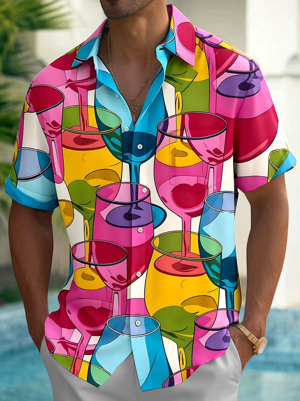 Oceanlyte Men's Graphic Colorful Wine Glasses Print Short Sleeve Shirt with Chest Pocket