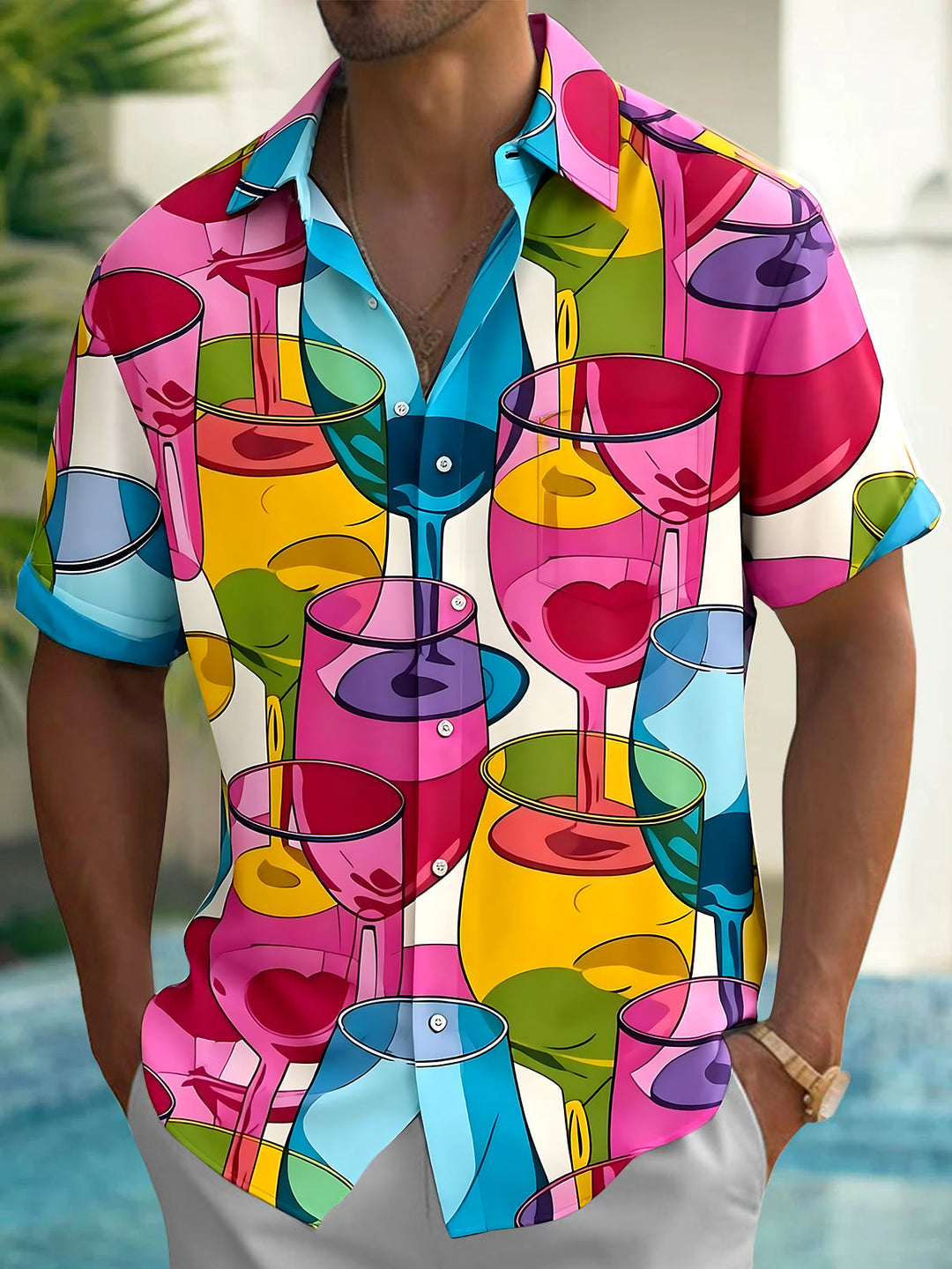 Oceanlyte Men's Graphic Colorful Wine Glasses Print Short Sleeve Shirt with Chest Pocket