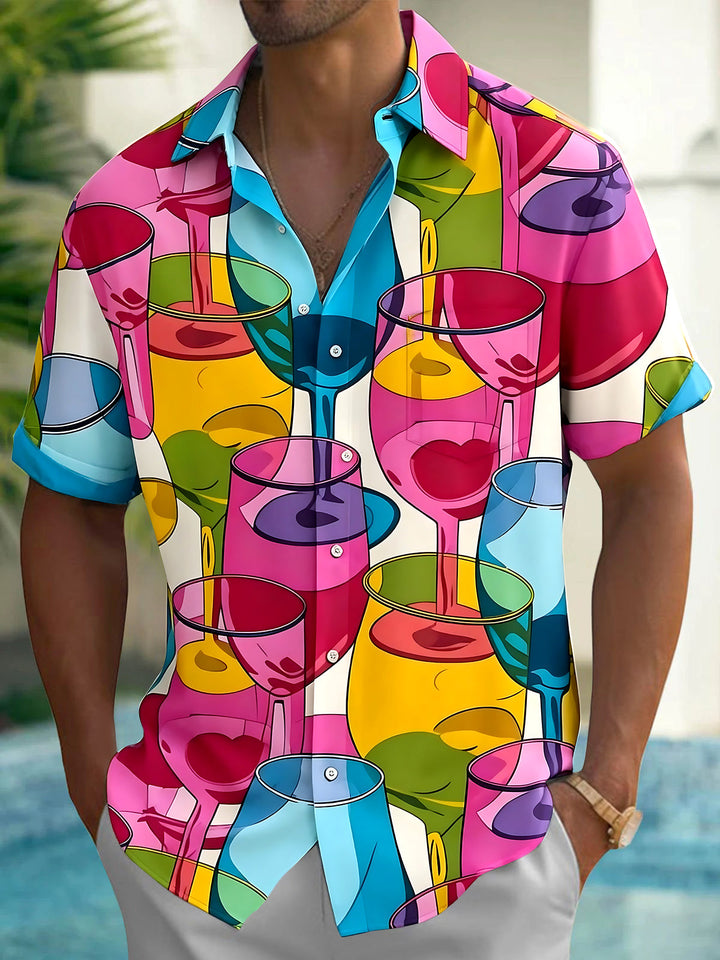 Oceanlyte Men's Graphic Colorful Wine Glasses Print Short Sleeve Shirt with Chest Pocket