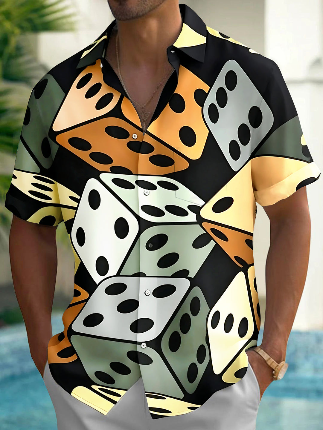 Oceanlyte Men's Hawaiian Dice Pattern Casual Vacation Print Short Sleeve Shirt with Chest Pocket