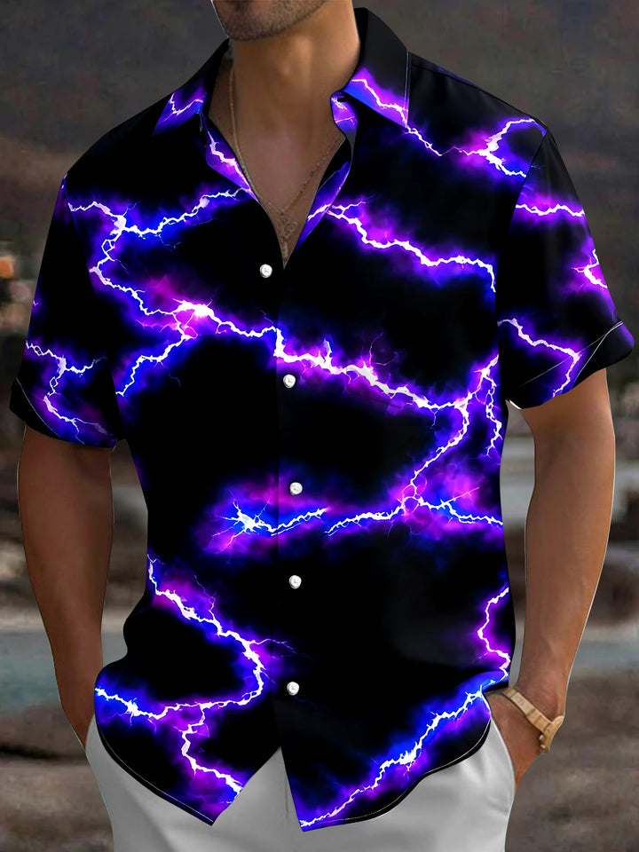 Oceanlyte Men's Abstract Purple Lightning Bolt Print Short Sleeve Shirt with Chest Pocket