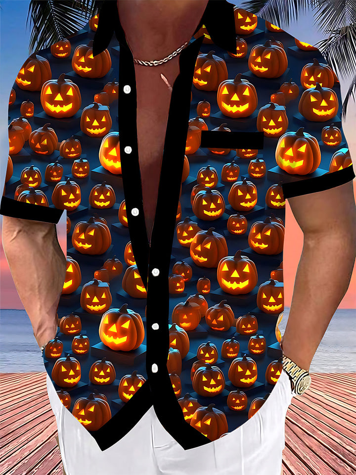 Oceanlyte Men's Graphic Halloween Jack-o-lantern Print Short Sleeve Shirt with Chest Pocket